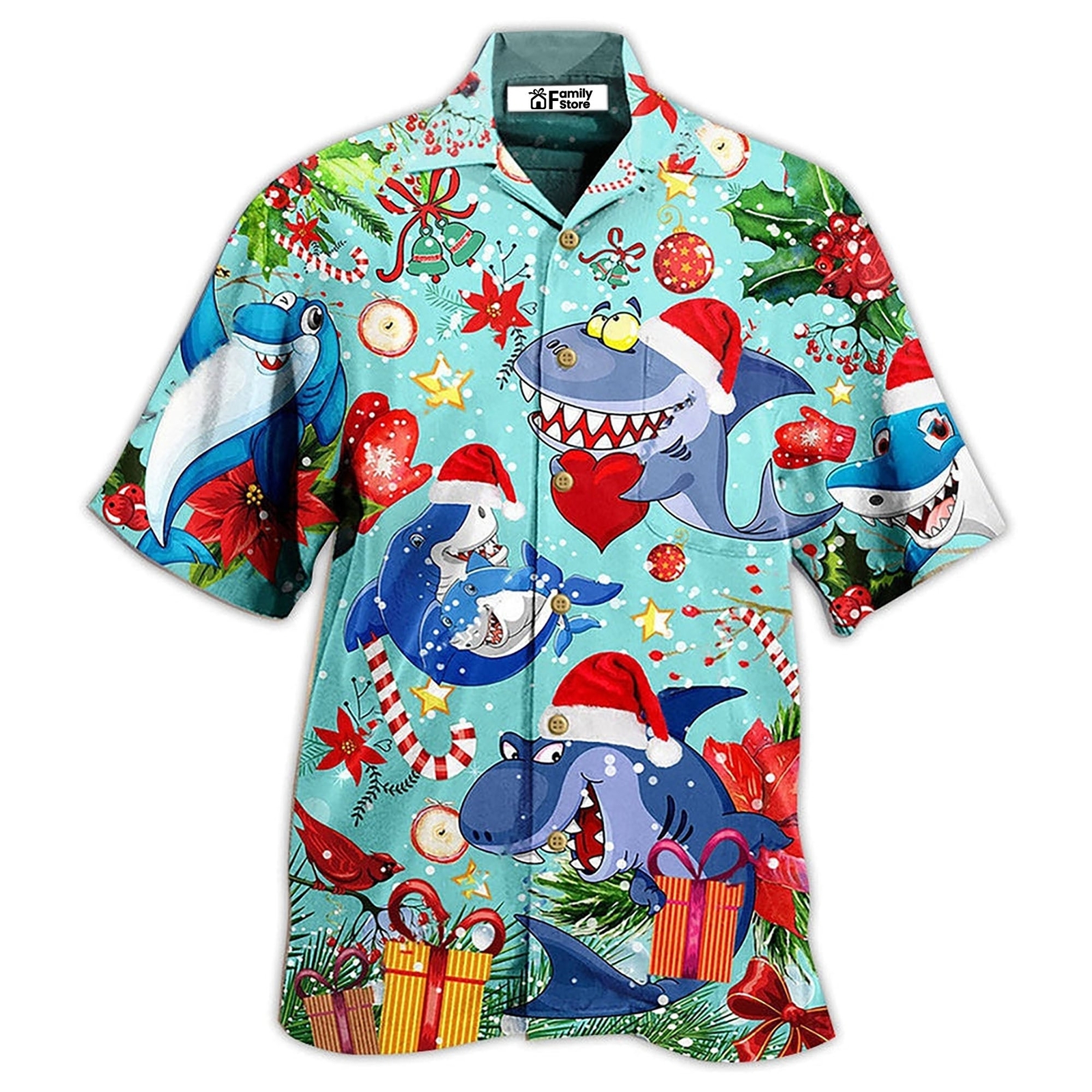 Shark Love Christmas Hawaiian Shirt For Men US Size Summer Style NEW