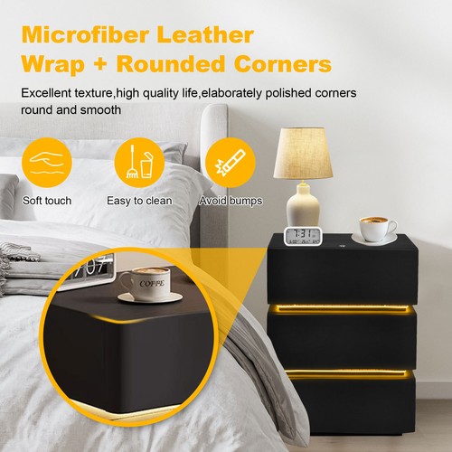 Modern Leather & Solid Wood Nightstand with LED Light Strip 2/3 Drawer Furniture - Picture 5 of 14