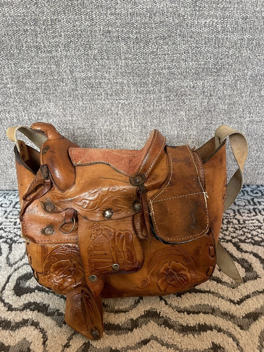 Vintage Hand Tooled Faux Leather Purse 60s/70s Embossed Floral 