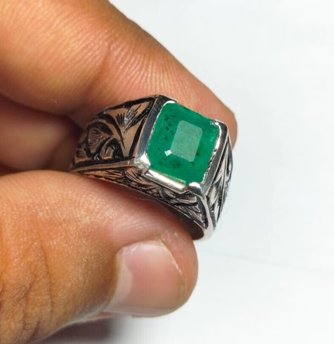 Emerald Ring Natural Emerald Stone Ring Engraved Ring Silver 925 Ring Gift Ring - Picture 3 of 10