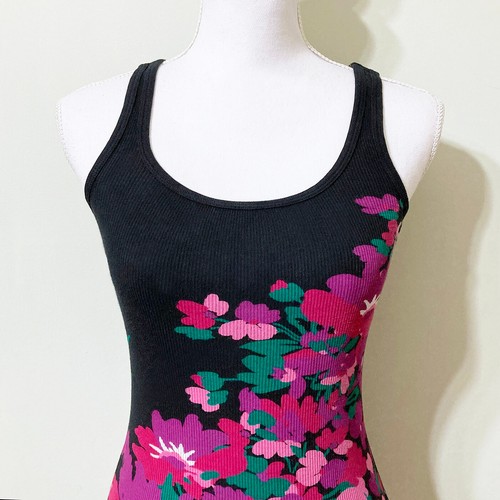 Old Navy Floral Tank Top Small Stretch Rib Knit Black Pink - Picture 2 of 8