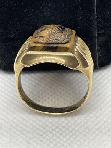 VINTAGE HAND WROUGHT 10K Yellow Gold Tiger’s Eye Cameo ROMAN SOLDIER MEN’S Ring - Picture 19 of 23
