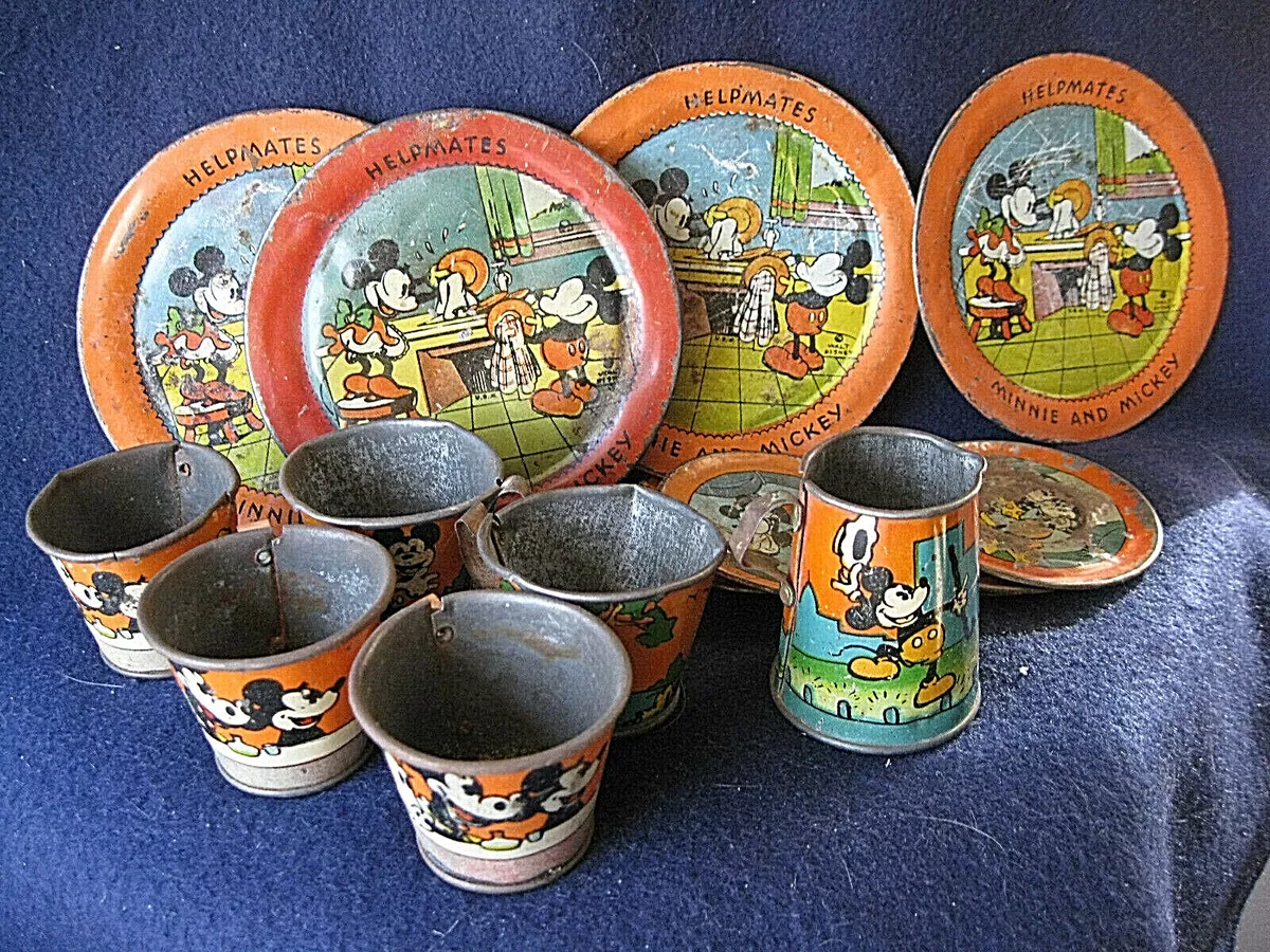 Vintage HELPMATES Mickey Mouse & Minnie Tin Tea Set, 14 pieces, Plates,  Cups +