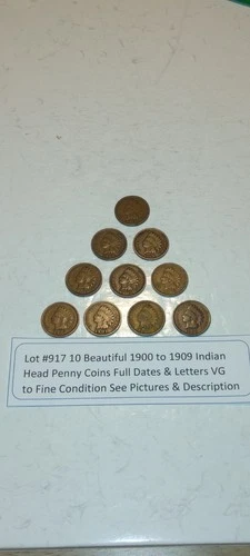 Lot #917 10 Beautiful Indian Head Penny Coins 1900 to 1909 VG to F See Pictures