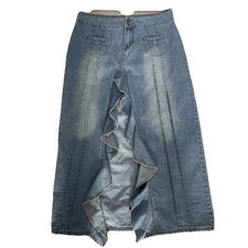 Acid Washed Chambray Denim Maxi Skirt Ruffled Slit Boho Cowgirl Size XL Edikted