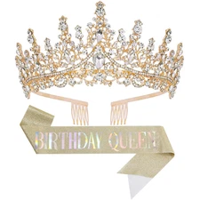 Birthday Tiara Crown with Sash for Women, Headband Hair Accessories for Wedding