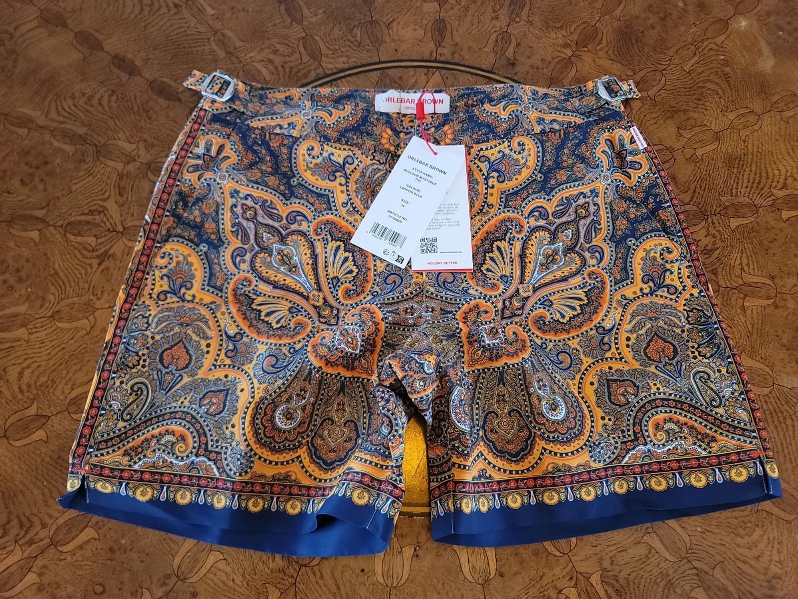 Orlebar Brown Bulldog Men's Swim Shorts 30 Mistique Pai Lagoon Blue Paisley NEW