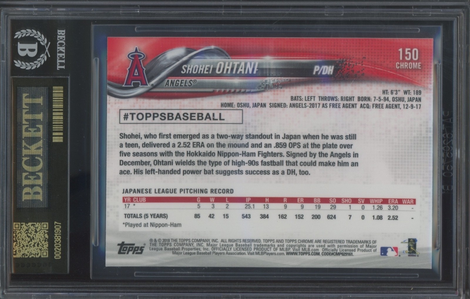 2018 Topps Chrome Prism Refractor 150 Shohei Ohtani RC Rookie Black Label BGS 10 view 2