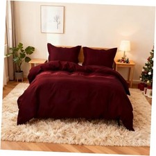 French Linen Duvet Cover Set 88" x 92"- 3 Pieces 1 Comforter Queen Burgundy