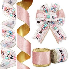 Christmas Wired Edge Ribbon Pink Nutcrackers Craft Ribbon Xmas Winter Fabric Rib