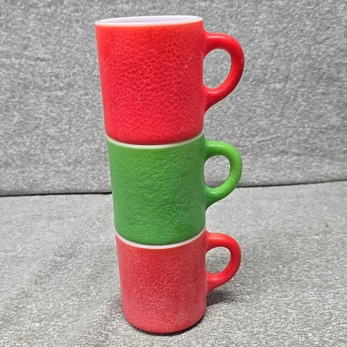 Set of 3 Hazel Atlas Milk Glass Orange Peel Coffee Mugs- Green, Red