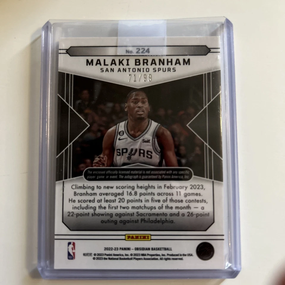 2022-23 OBSIDIAN MALAKI BRANHAM  71/99 ROOKIE PATCH AUTO SPURS SP - Image 2 of 2