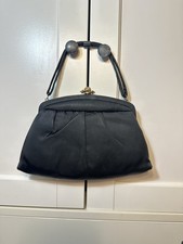 Vintage black satin evening handbag made in the USA by H.J. Rhinestone Kisslock