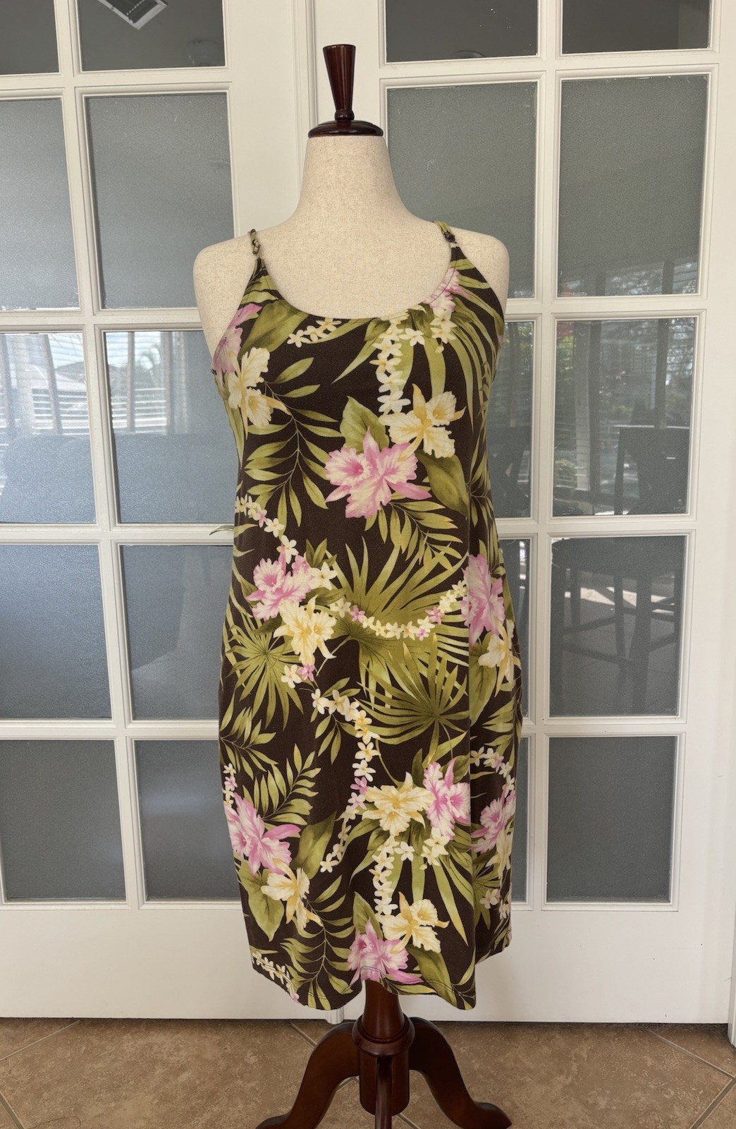 Caribbean Joe Women's L Brown Floral Sleeveless Knee Length Tropical Sundress