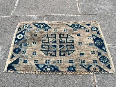 2.1x1.3 ft Vintage Turkish Oushak Rug, Mini Grey Navy Blue Accent Mat