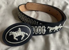 Black Leather Embroidered Ivory Horse Theme Western Cowboy Belt  Youth/Womens 24