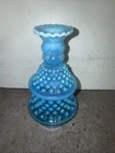 Medium Fenton Blue Opalescent Hobnail Ruffled Round Vase W/ Scalloped Edge Mint