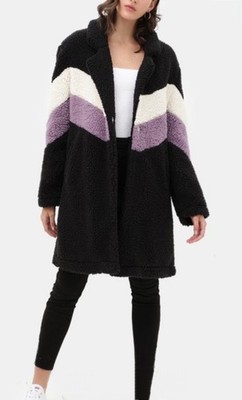 Love Tree Chevron Color Block Teddy Bear Faux Fur Coat Size Medium NWT
