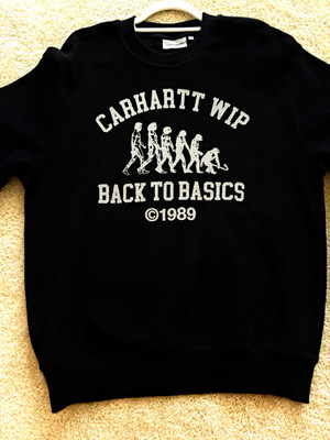 Carhartt WIP Black Waffle Knit Crewneck Graphic Logo Pullover Sweatshirt M