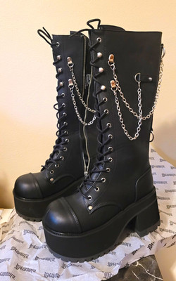 Demonia Women's New Black Knee High Platform Chain Lace Up Boots Veg Leather 9 M