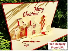 3D Pop Up Greeting Card Merry Christmas House Snowman Handmade with Envelope