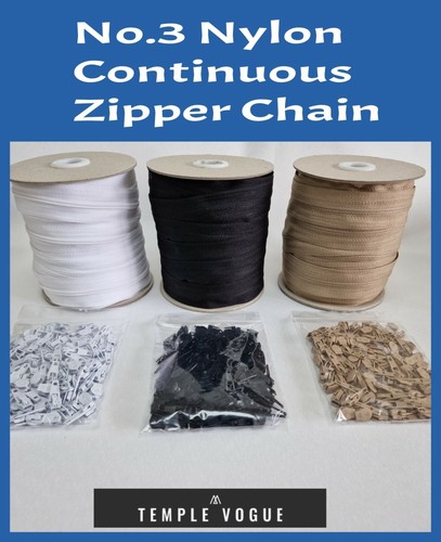 No.3 Nylon Continuous Zip Chain & Auto-Lock Sliders Quality Zips in 12 COLOURS - Picture 2 of 23