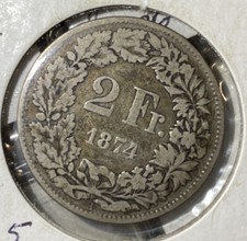 Rare 1874B Switzerland 2 Francs Silver Coin--Very Nice .835 Clear Words/date