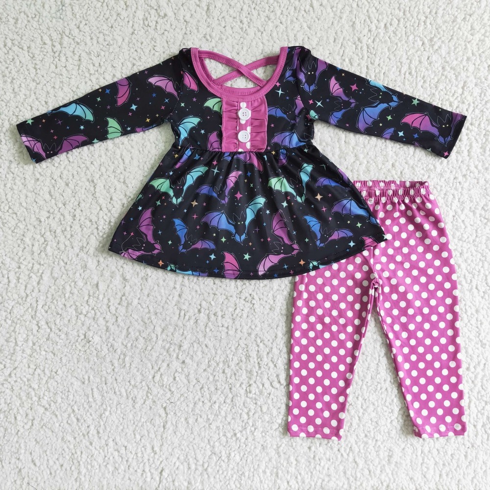 Girls Bat Long Sleeve Tunic Polka Dots Leggings Set 2pcs Halloween Outfit