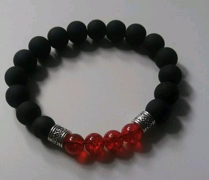 Black Lava Stone Stretch Bracelet with Red Accent Beads - Handmade Elastic Fit-image