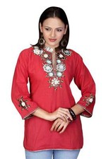 Fire Brick Cotton Kurti / Tunic with leather embroidery work