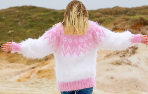 SuperTanya white pink Icelandic fuzzy mohair sweater Nordic pullover L-XL - Picture 2 of 8