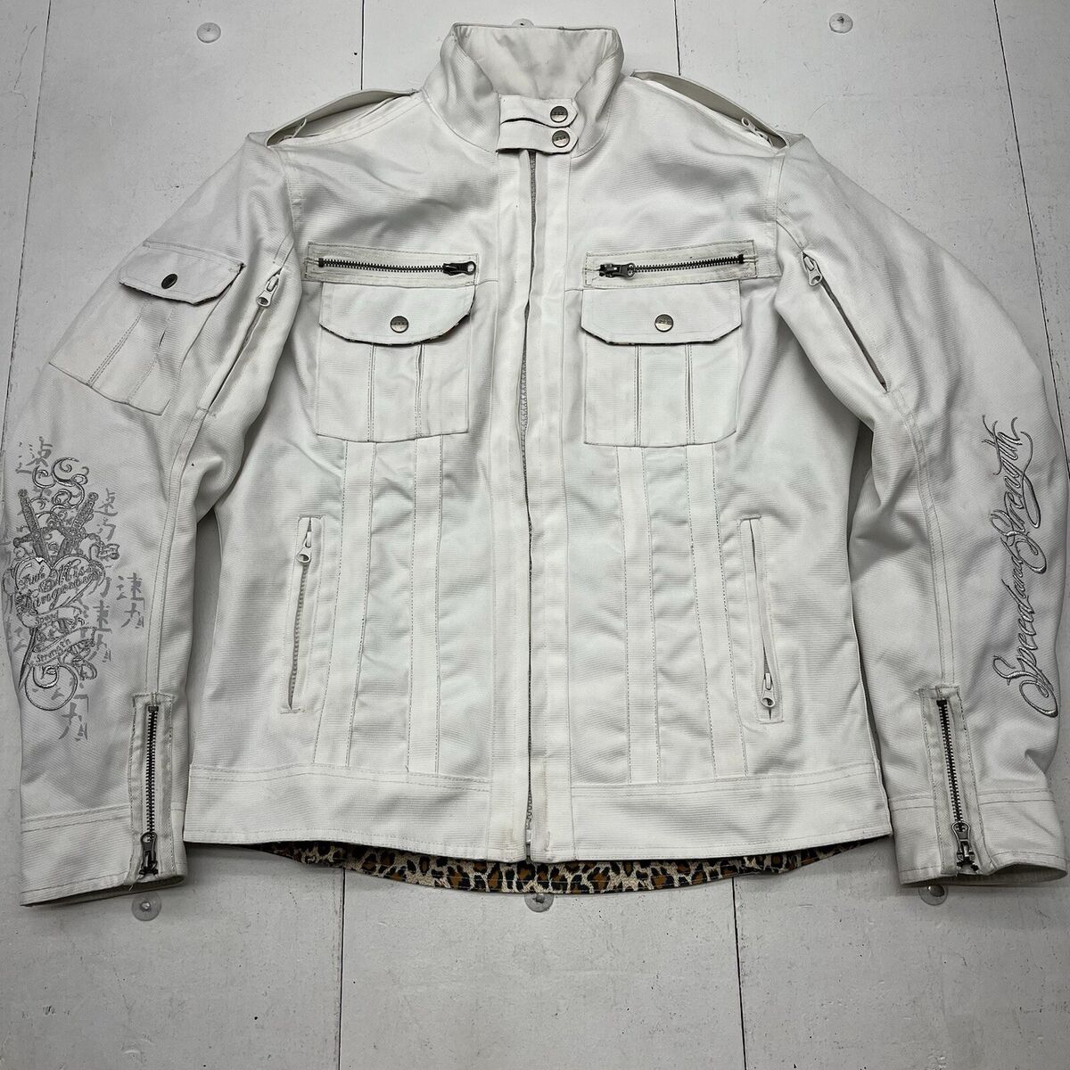 Speed and Strength White Motorcycle Jacket Embroidered Speed and Strength White Motorcycle Jacket Embroidered