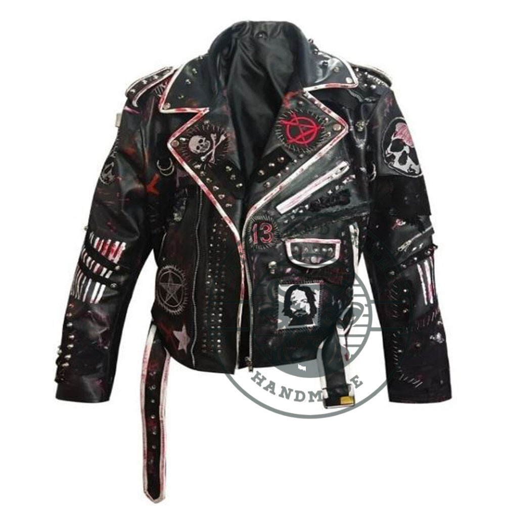 Men's Steampunk Patches Conical Studs, Brando Shoulder Epaulets Leather Jacket