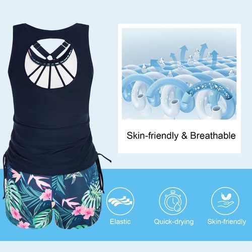 Women Tummy Control Tankini Set Swimming Costume 3 Piece Athletic - Picture 22 of 68