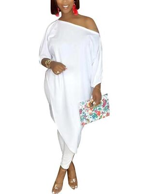 Women's Solid Color 2 Piece Outfits Oversized 3/4 Sleeve One Shoulder Top Ski...