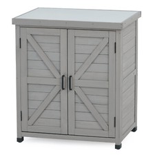Grey Wooden Garden Storage Cabinet Weather-Resistant Magnetic Closure 2 Shelves