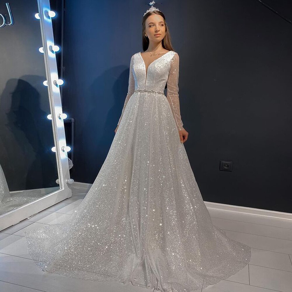 Sexy Deep V-neck Glitter A Line Wedding Dresses Long Sleeves Shiny Bridal Gowns | eBay Sexy Deep V-neck Glitter A Line Wedding Dresses Long Sleeves Shiny Bridal Gowns | eBay