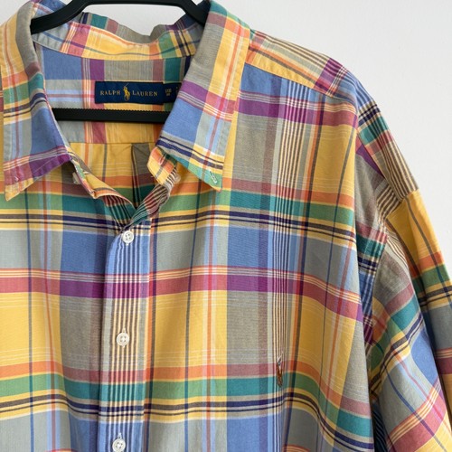 Polo Ralph Lauren Shirt Mens 5X Big Yellow Blue Plaid Oxford Button Up Preppy - Picture 2 of 11