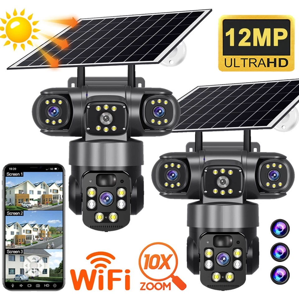 Câmera de segurança residencial bateria solar 3 lentes 12MP Wi-Fi externo sem fio PTZ CCTV EUA - Imagem 2 de 4