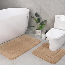 LOCHAS Bathroom Rug Set Beige, Soft Bath Rug Set 2 Piece, Toilet Mat U-Shaped...