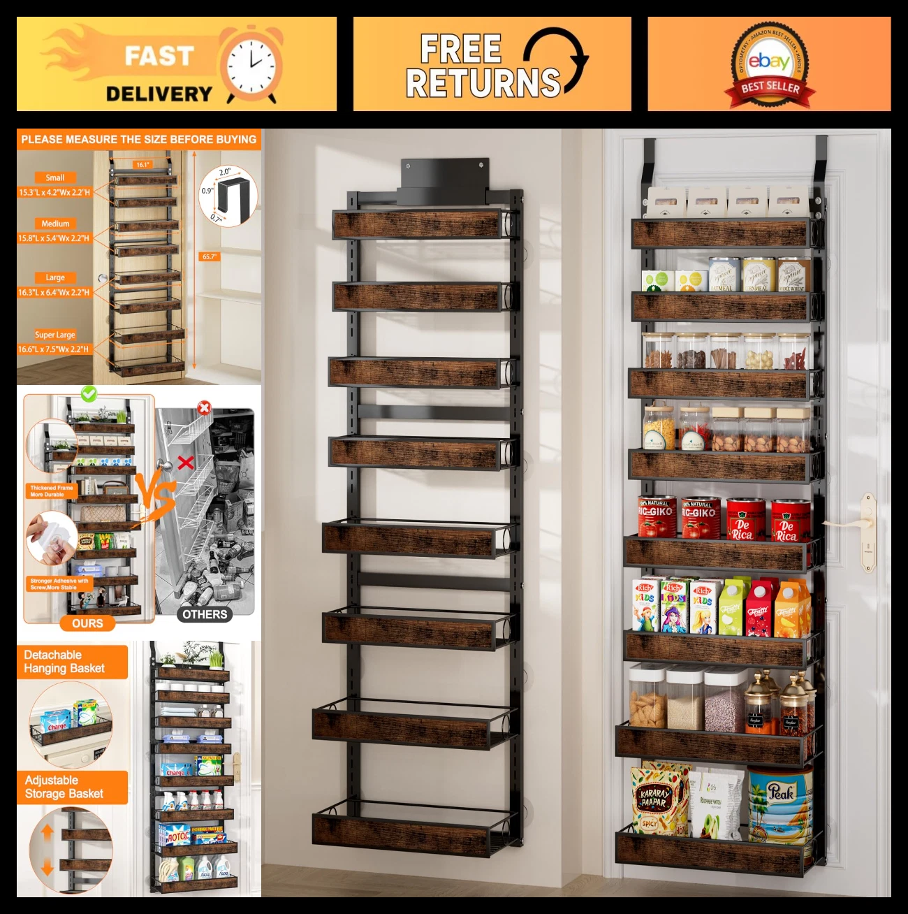 8-Tier Over The Door Pantry Organizer - 2-in-1 Wall Mounted Spice Rack, Adjustab