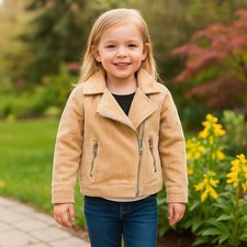 Forever 21 Girls Corduroy Moto Jacket Kids S/5-6 Tan Full Zip Pockets Casual