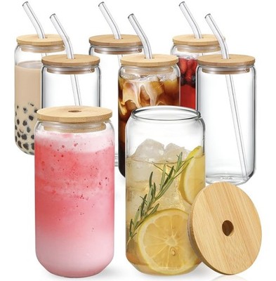 New 8pcs Set of 16oz Clear Drinking Glasses w/Bamboo Lids & Glass Straws!!!