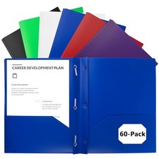 60-Pack Plastic Folders with Pockets and Prongs,2-Pocket Folders with 3 Faste...