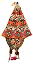 CHULLO HAT Intricate WOVEN KNIT Colorful VTG POMS TASSELS Andean Bolivia Peru 3