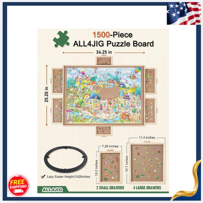 New 1500 Pc Rotating Puzzle Board 6 Drawers Wooden Table 25''x34''