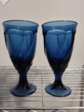 NORITAKE COBALT BLUE SWEET SWIRL ICE TEA / WATER GLASS GOBLETS RARE  SET OF 2