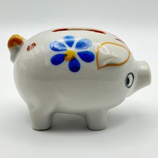 VTG Japan Ceramic Piggy Bank Blue Flower White Pig Coin Bank Nursery Decor Cute