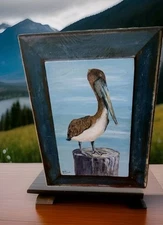 ORIG.BETTY FISCHER FOLK ART OIL PAINTING PELICAN ON STATE WOOD BORD 11"×15"
