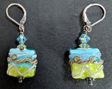 Handmade Lampwork Glass Dangle Earrings Sterling Silver Leverback Coastal Blue